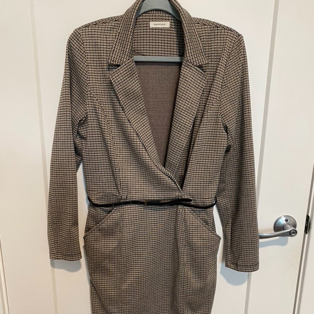 Max Studio Houndstooth Wrap Dress | Long Sleeve | Career Style | Large
